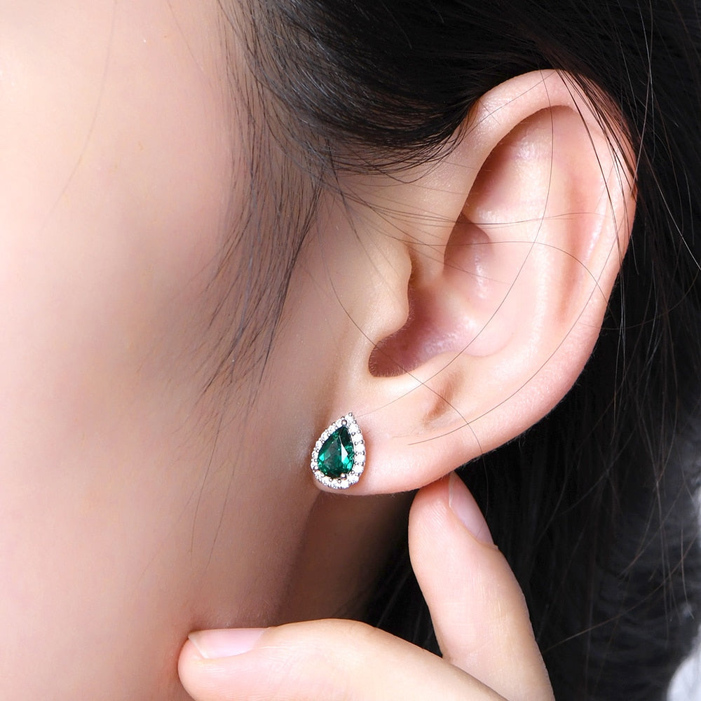 ATTAGEMS Vintage 100% 925 Sterling Silver Emerald Emerald Gemstone Earrings Ear Studs Fine Jewelry