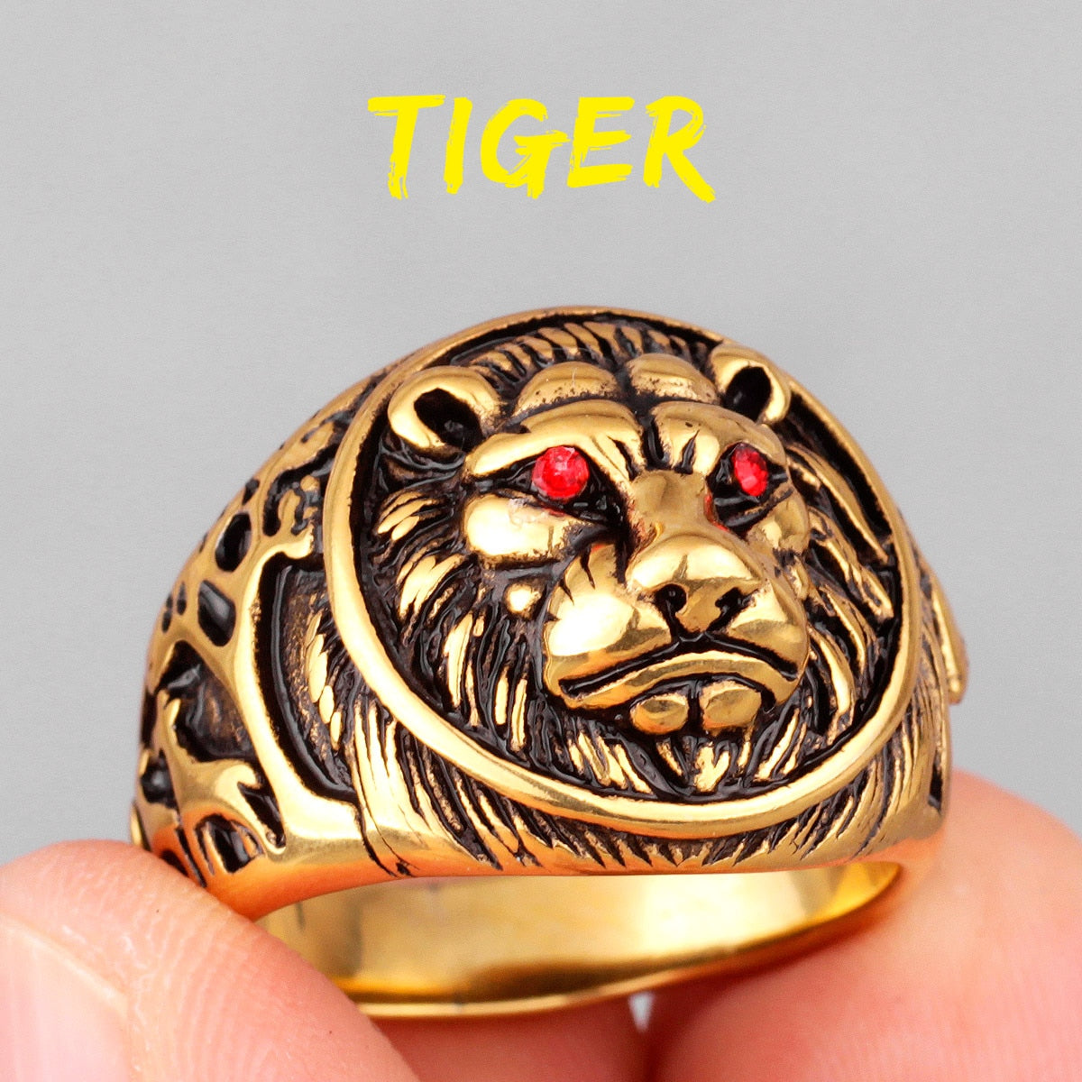 Black Tiger Animal Stainless Steel Mens Rings Punk HipHop Rap Unique For Male Boyfriend Biker Jewelry Creativity Gift R591-Gold