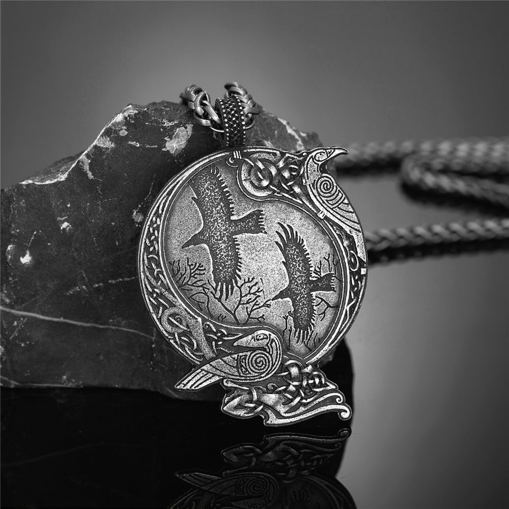 Vikings Odin&#39;s Raven Necklaces Men Norse Vegvisir Amulet Antique Bronze Metal Pendant Crow Scandinavian Punk Gothic Male Jewelry Silver Chain 60CM