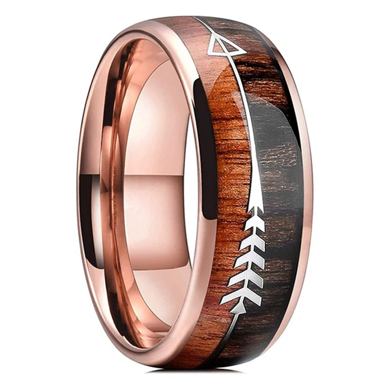 Fashion 8mm Rose Gold Color Stainless Steel Guitar String Rings for Men Koa Wood Inlay Ring Whiskey Barrel Mens Wedding Band