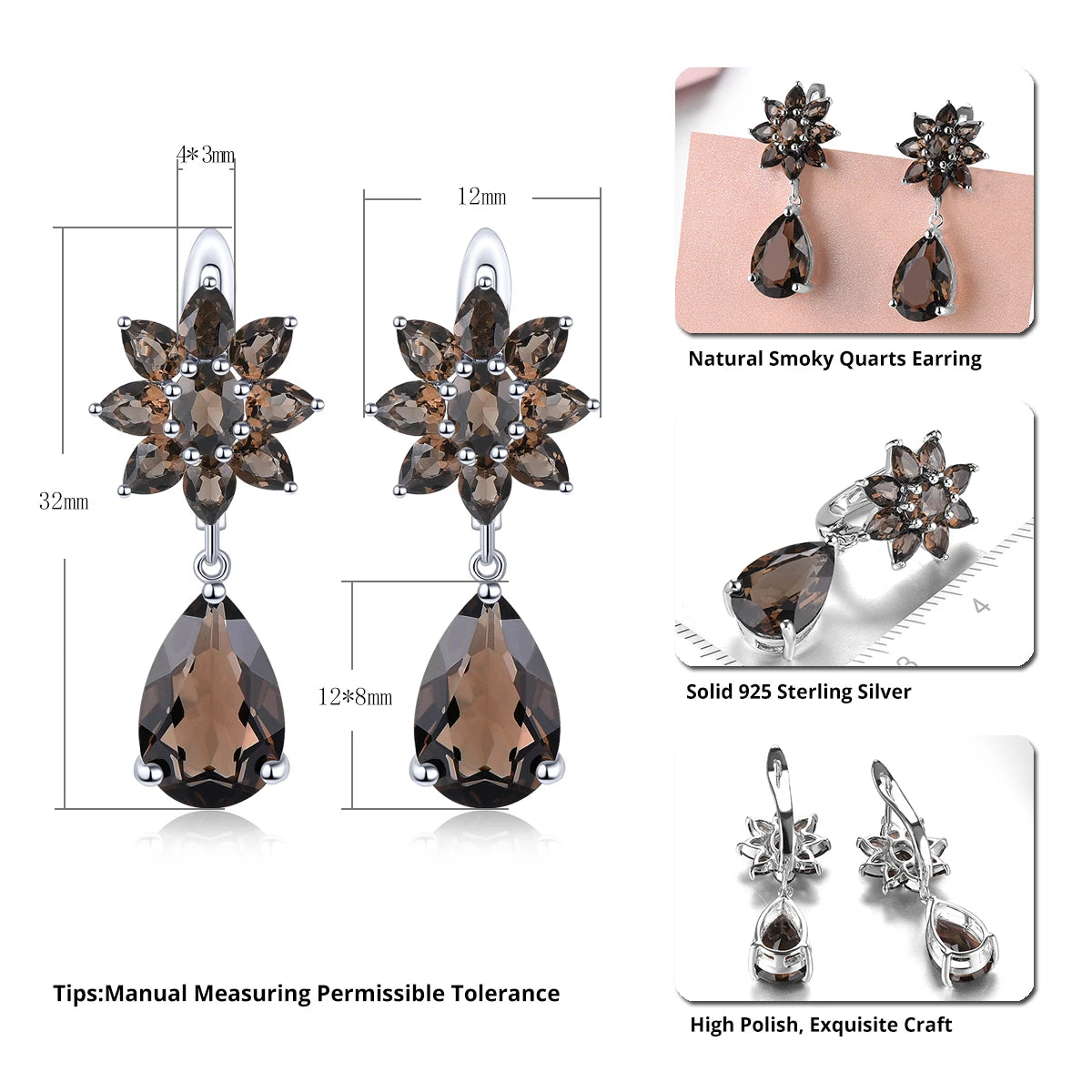 Natural Smoky Quarts Sterling Silver Drop Earrings 8.2 Carats Crystal Pear Cut Classic Style Jewelry New Year Gifts