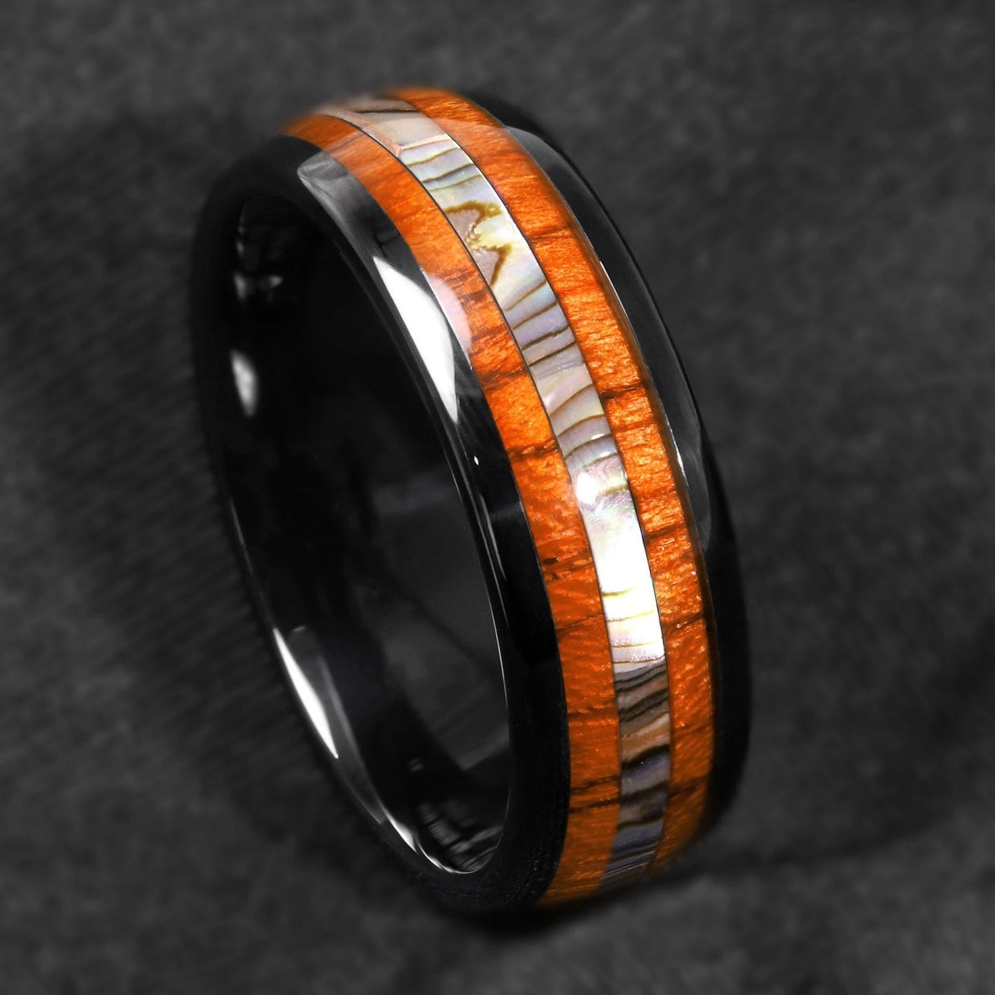 8mm Men's Rose Gold Color Stainless Steel Rings Hawaiian Koa Wood And Abalone Shell Opal Inlay Ring Men's Wedding Band Jewelry