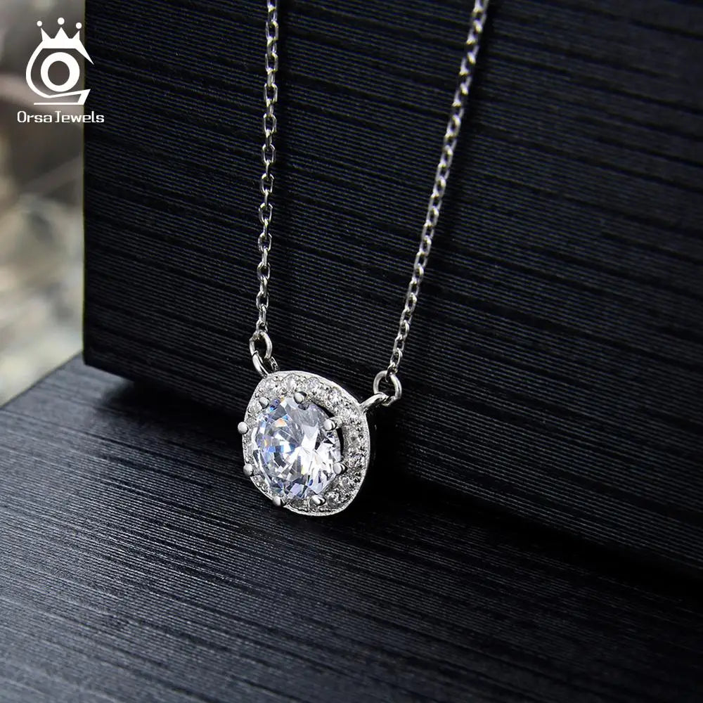 ORSA JEWELS Real 925 Silver Woman Round Pendants Necklaces Sterling Silver AAAA CZ Clavicle Chain Necklace Female Jewelry SN136