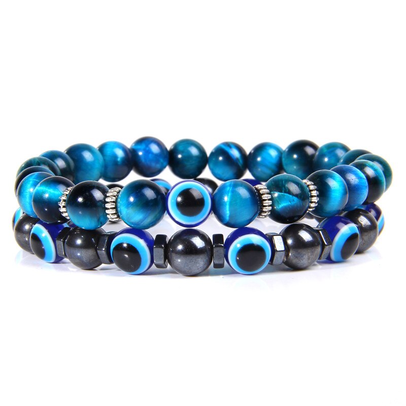 2 Pcs Combined Bracelets For Men Natural Polished Royal Blue Tiger Eye Stone Beads Bracelet For Couples Women Evil Eye Pulsera tiger eye 19cm