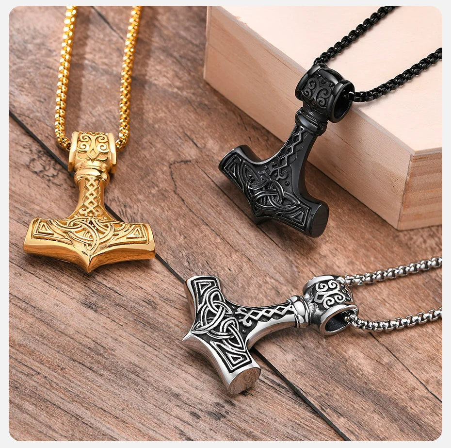 Vnox Vintage Men Norse Viking Necklaces,Rock Punk Retro Thor Mjolnir Hammer Pendant,Scandinavian Nodic Amulet Rune Neck Jewelry