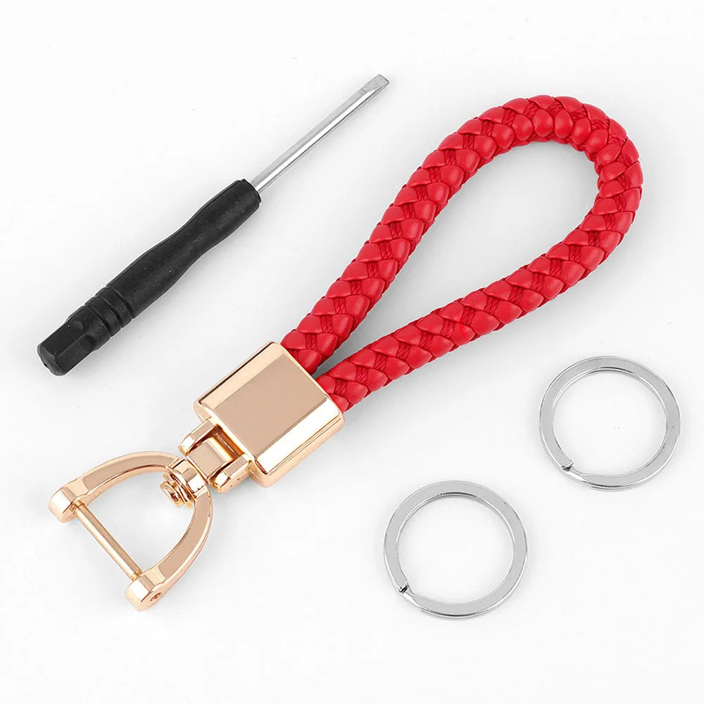 High-Grade Keychain for Men Women Rotatable Key Chain Luxury Hand Woven Leather Horseshoe Buckle Car Key Ring Holder Accessories Red-G