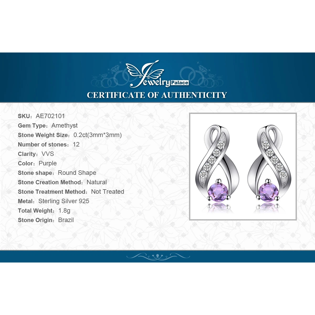 JewelryPalace Infinity Natural Purple Amethyst 925 Sterling Silver Stud Earrings for Women Jewelry
