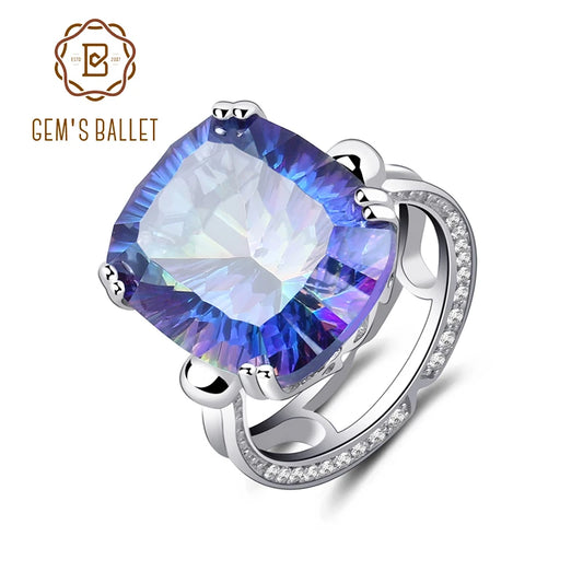 GEM'S BALLET 18.42Ct Natural Rainbow Fire Mystic Topaz Ring Cocktail For Women 925 Sterling Silver Vintage Fashion Jewelry