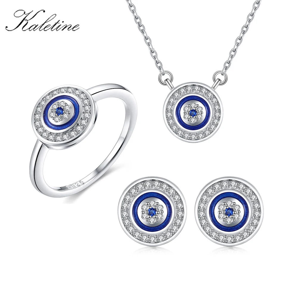 KALETINE Turkey CZ Evil Eye 925 Sterling Silver Jewellery Sets for Women Blue Round Pendant Necklace Ring Stud Earrings Wedding Grade AAA CZ 45cm