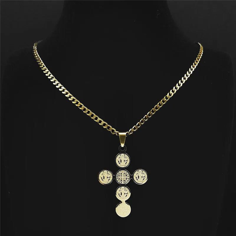 2026 Fashion Stainless Steel Cross Necklace for Women Men Saint Benedict Gold Color Necklaces Jewelry Gifts Collar Cruz N3450S05