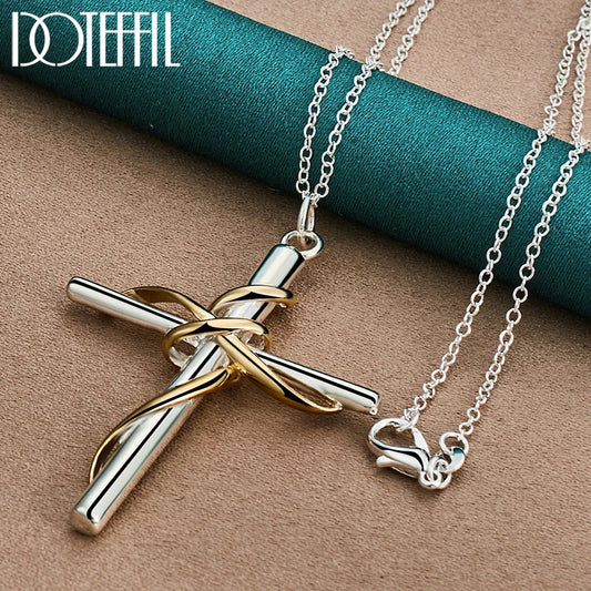 DOTEFFIL 925 Sterling Silver Gold Cross Pendant Necklace 18-30 Inch Chain For Woman Man Fashion Wedding Engagement Party Jewelry O-Chain