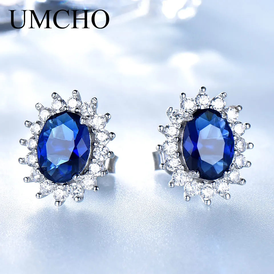 UMCHO Luxury Genuine 925 Sterling Silver Earrings for Women Blue Sapphire Diana Wedding Party Jewelry Romantic Gift Fine Jewelry