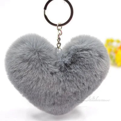 Fluffy pompom Keychain Gifts for Women Soft Heart Shape Pompon Fake Rabbit Key Chain Ball Car Bag Accessories Key Ring HJ-2