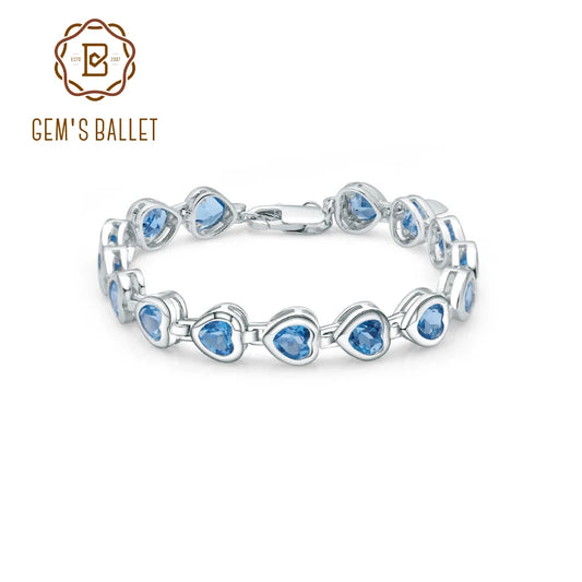 GEM'S BALLET 6x6mm Heart Natural Swiss Blue Topaz Chain Link Bracelet Pure 100% 925 Sterling Silver Fashion Jewelry For Women CHINA