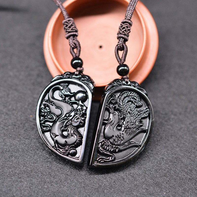 1 Set Obsidian Taichi Dragon and Phoenix Necklace Pendant YIN YANG Pendant Necklace Obsidian Lucky Pendants heart style