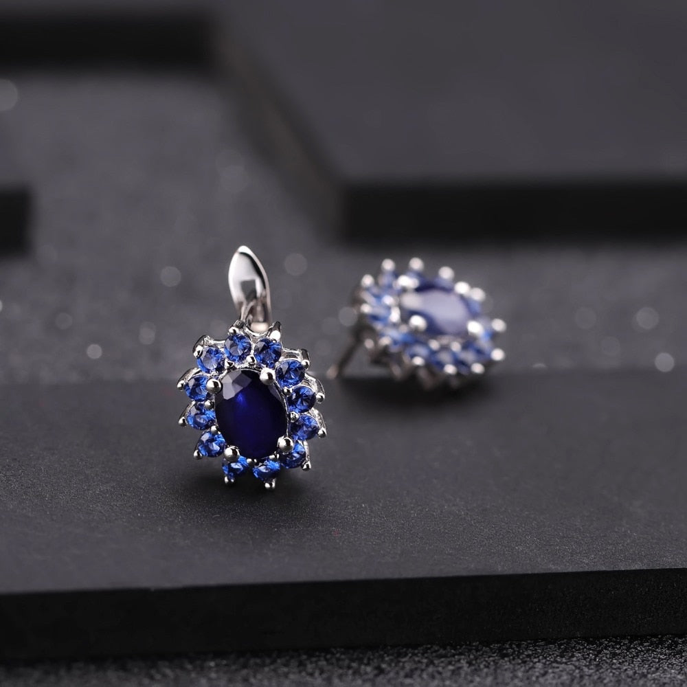 GEM&#39;S BALLET 925 Sterling Silver Jewelry Set for Women Classic Princess Natural Blue Sapphire Pendant Earrings Ring Set