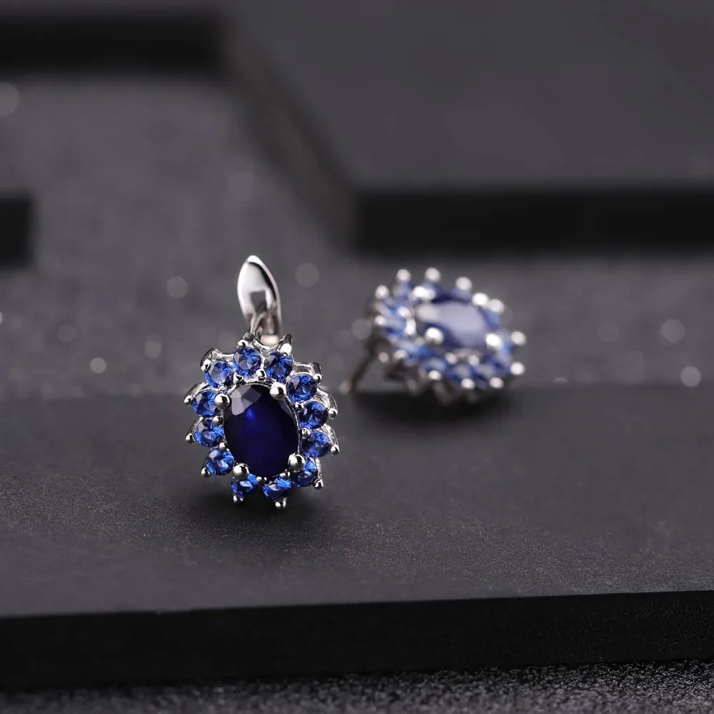 GEM'S BALLET 925 Sterling Silver Jewelry Set for Women Classic Princess Natural Blue Sapphire Pendant Earrings Ring Set