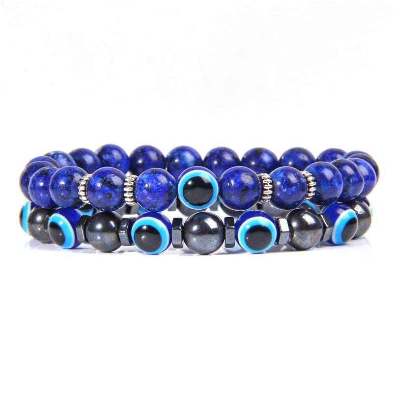 2 Pcs Combined Bracelets For Men Natural Polished Royal Blue Tiger Eye Stone Beads Bracelet For Couples Women Evil Eye Pulsera lapis lazuli 19cm