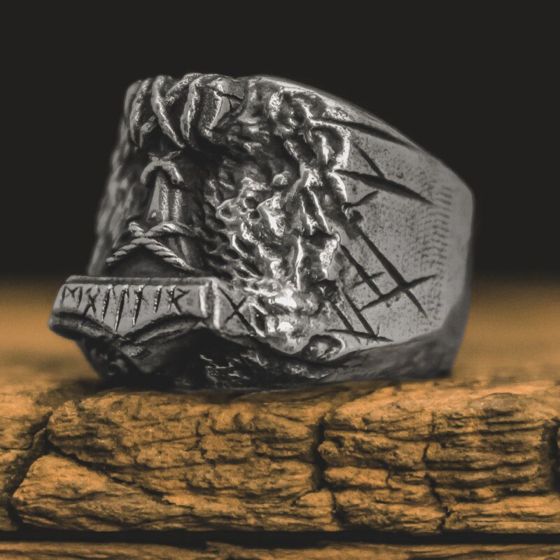 EYHIMD Son of Odin Thor Hammer Biker Ring Viking Mens Mjolnir Stainless Steel Rune Amulet Rings Norse Jewelry Gift for Him