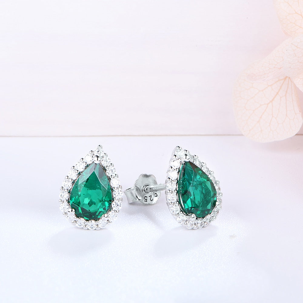 ATTAGEMS Vintage 100% 925 Sterling Silver Emerald Emerald Gemstone Earrings Ear Studs Fine Jewelry