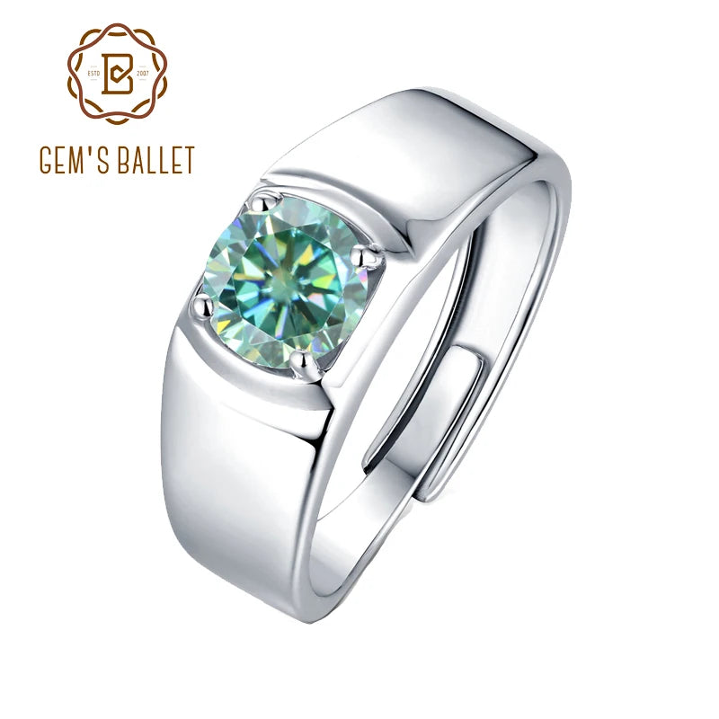 GEM'S BALLET 925 Sterling Silver Men's Engagement Ring 1.0Ct 6.5mm Green Color Moissanite Adjustable Rings Father's Day Gift resizable