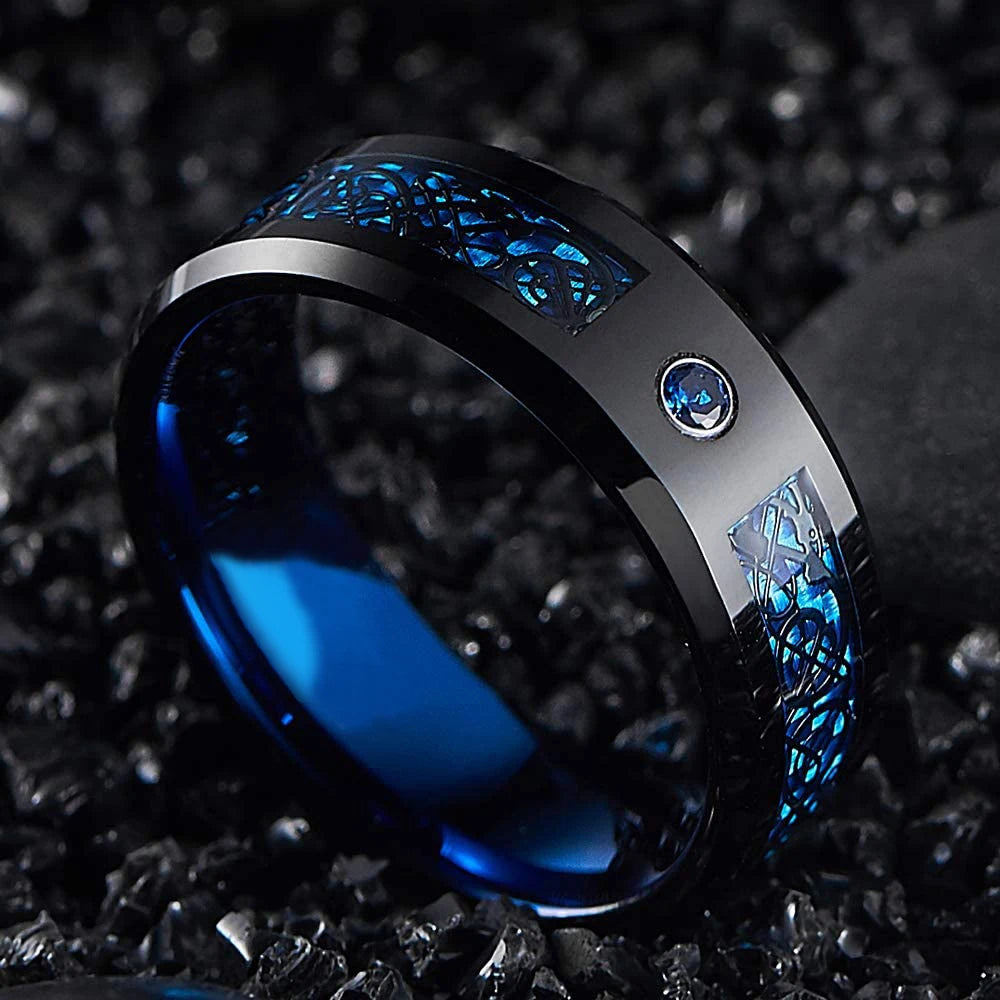 Fashion Men's 8mm Black Titanium Stainless Steel Celtic Dragon Rings Inlaid Blue Zircon Carbon Fibre Ring For Men Wedding Bands