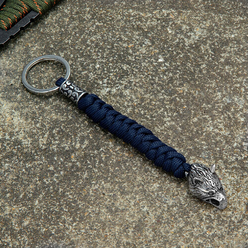 Vintage Wolf Head Keychains Vikings Pendant Stainless Steel Lanyard Rope Survival Keyring Handmade Male Backpack Key Ring Steel Blue