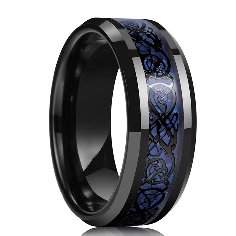 Fashion Black Tungsten Wedding Celtic Dragon Rings For Men Inlaid Green Zircon Punk Men Stainless Steel Green Carbon Fibre Ring