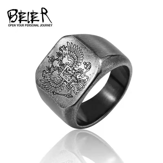 Beier Polished Stainless Steel ring Band Biker Men's ring a coat of arms of the Russian Signet Ring Fashion Jewelry
