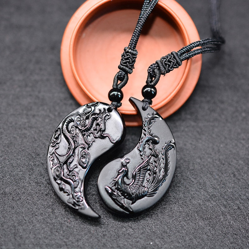 1 Set Obsidian Taichi Dragon and Phoenix Necklace Pendant YIN YANG Pendant Necklace Obsidian Lucky Pendants taichi style