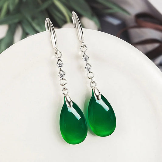 Vintage Green Jade Emerald Crystal Zircon Diamonds Gemstones Dangle Long Drop Earrings For Women White Gold Silver Color Jewelry drop earrings CHINA