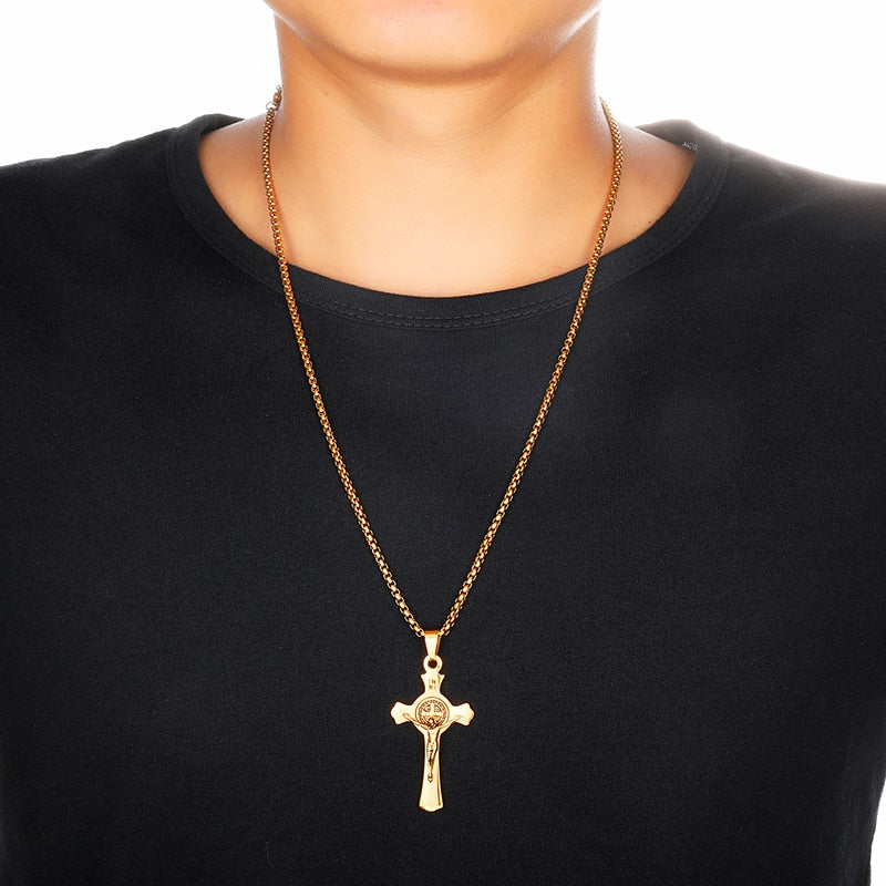 INRI Jesus Cross Necklaces Pendants Stainless Steel Exorcism St. Benedict Crucifix Necklace For Men Jewelry