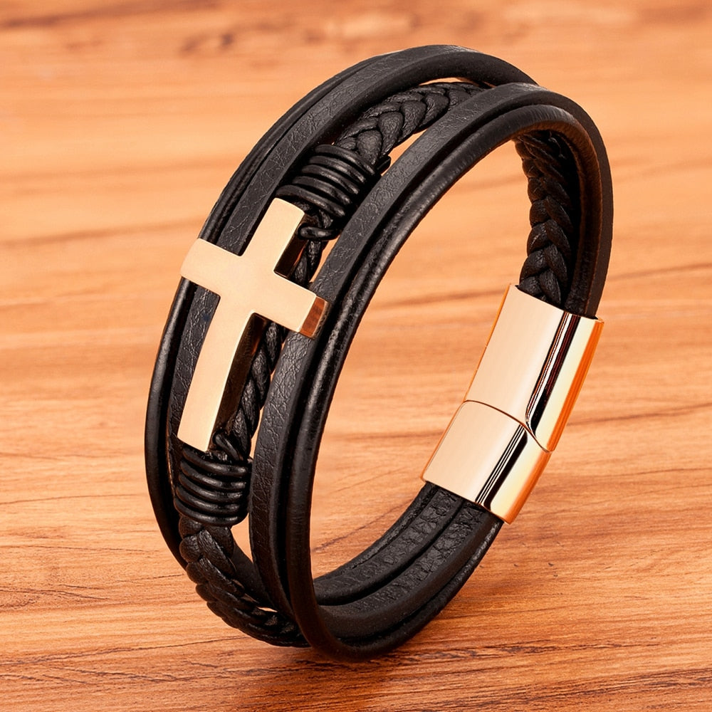 TYO Classic Style Cross Men Bracelet Multi-Layer Stainless Steel Leather Bangles Magnetic Clasp For Friend Fashion Jewelry Gift Rose gold