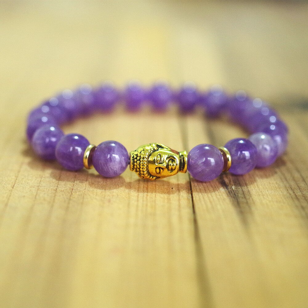 Women Men Beaded Strand Bracelet Natural Stone Handmade Jewelry Buddha Head Chakra Mala Bracelet Purple