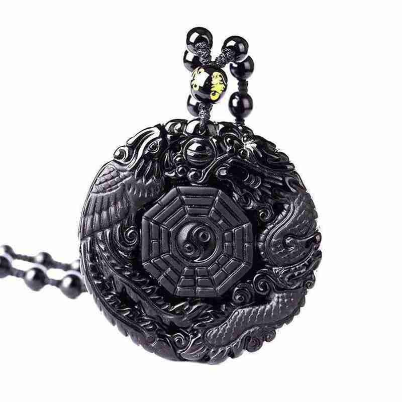 Natural Black Obsidian Hand Carved Chinese Dragon Phoenix BaGua Lucky Amulet Peace Mascot Pendant Necklace For Women Men