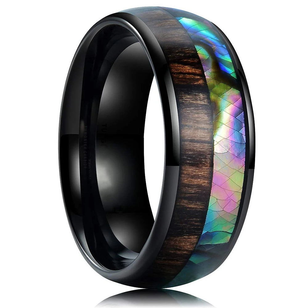 2025 Trendy 8mm Black Titanium Wedding Stainless Steel Rings For Men Inlay Colorful Abalone Shell Ring Men Wedding Band Jewelry