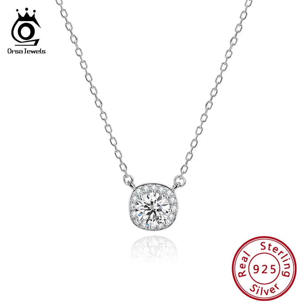 ORSA JEWELS Real 925 Silver Woman Round Pendants Necklaces Sterling Silver AAAA CZ Clavicle Chain Necklace Female Jewelry SN136