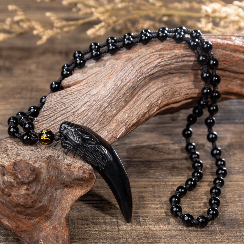 Nature Obsidian Wolf Tooth Pendant Necklaces Lucky Beaded Rope Couple Necklaces Black and Ice Obsidian Amulets Necklaces Jewelry Glossy obsidian