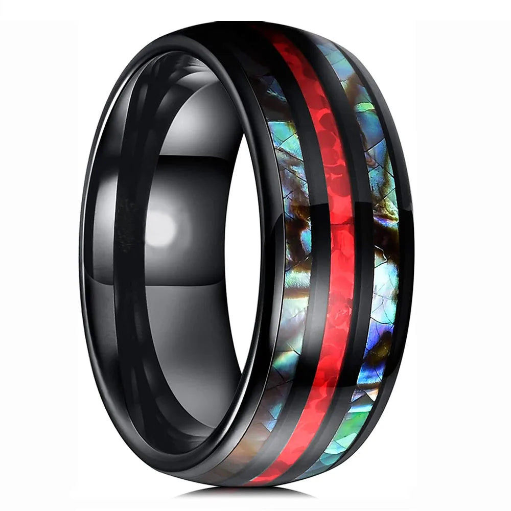 2025 Trendy 8mm Black Titanium Wedding Stainless Steel Rings For Men Inlay Colorful Abalone Shell Ring Men Wedding Band Jewelry