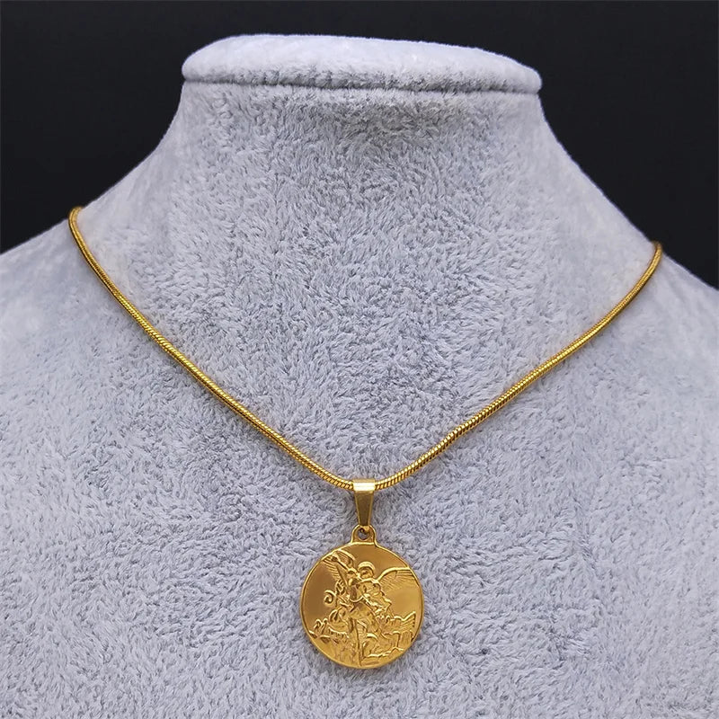 SAINT MICHAEL PROTECT US Archangel Stainless Steel Necklaces Chain Men/Women Gold Color Choker Necklace Jewelry Joyas NHH32