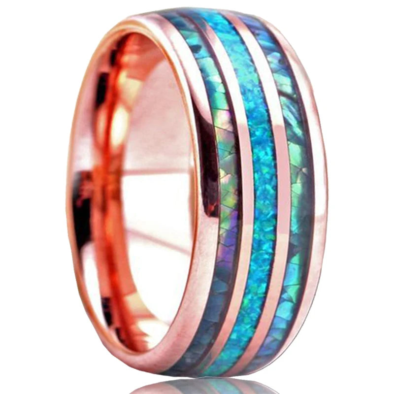 8mm Men's Rose Gold Color Stainless Steel Rings Hawaiian Koa Wood And Abalone Shell Opal Inlay Ring Men's Wedding Band Jewelry