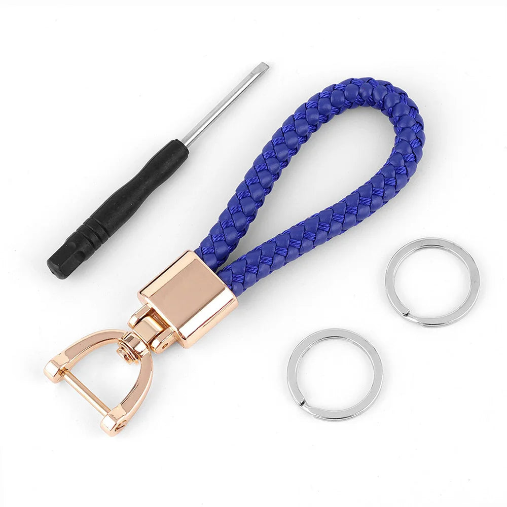 High-Grade Keychain for Men Women Rotatable Key Chain Luxury Hand Woven Leather Horseshoe Buckle Car Key Ring Holder Accessories Blue-G