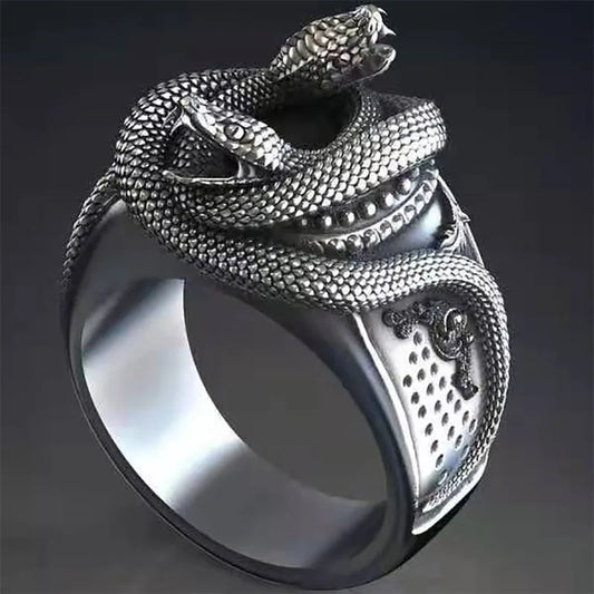 MFY Gothic Syle Cool Antique Silver Color Exaggerated Animal Double Head Wave Bend Snake Finger Ring For Men Party Jewelry