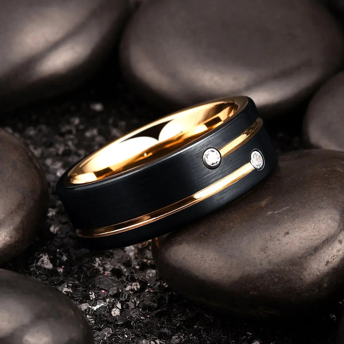Fashion 8mm Black Polished Finish Tungsten Wedding Ring For Men Inlaid Zirconia Stainless Steel Engagement Ring Men Wedding Band