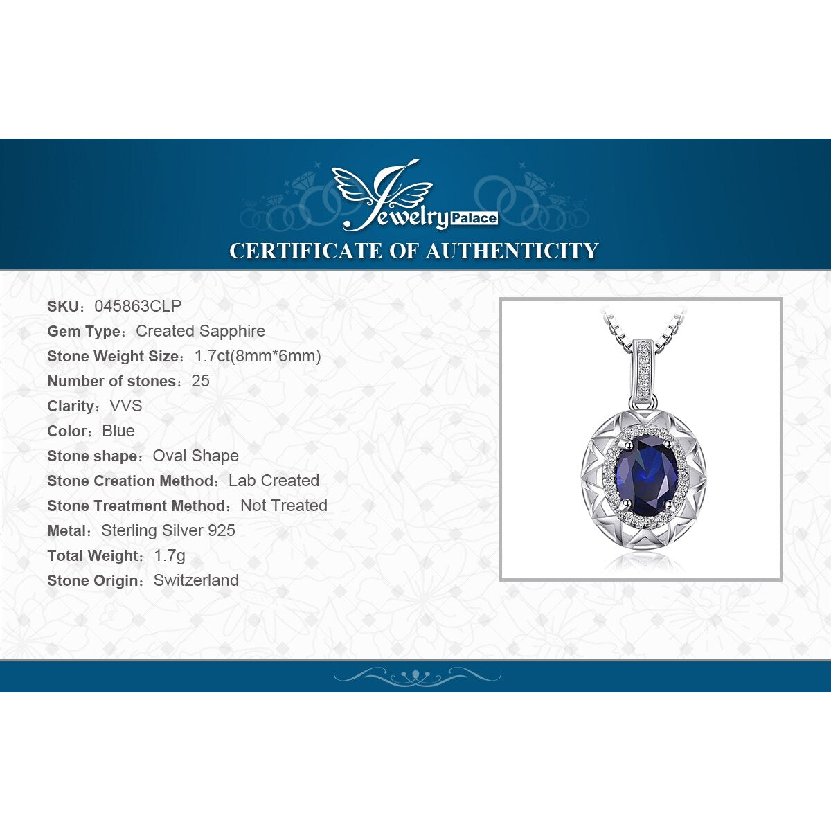 JewelryPalace Oval Cut Created Blue Sapphire 925 Sterling Silver Pendant Necklace Hollow Gemstones Women Necklace Without Chain