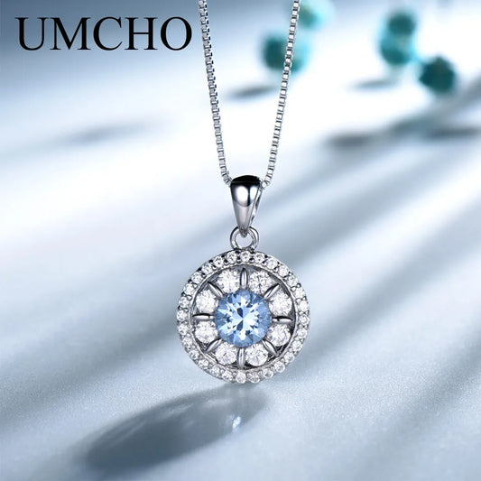 UMCHO 925 Sterling Silver Leaf Blue Pendant Necklace Gemstone For Girl Gift Women for Fine Jewelry