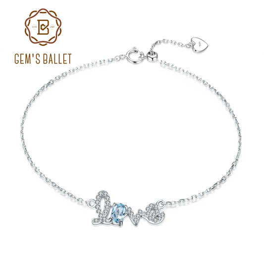 GEM'S BALLET 925 Sterling Silver Love Bracelet Natural Swiss Blue Topaz Gemstone Adjustable Bracelet For Women Fine Jewelry