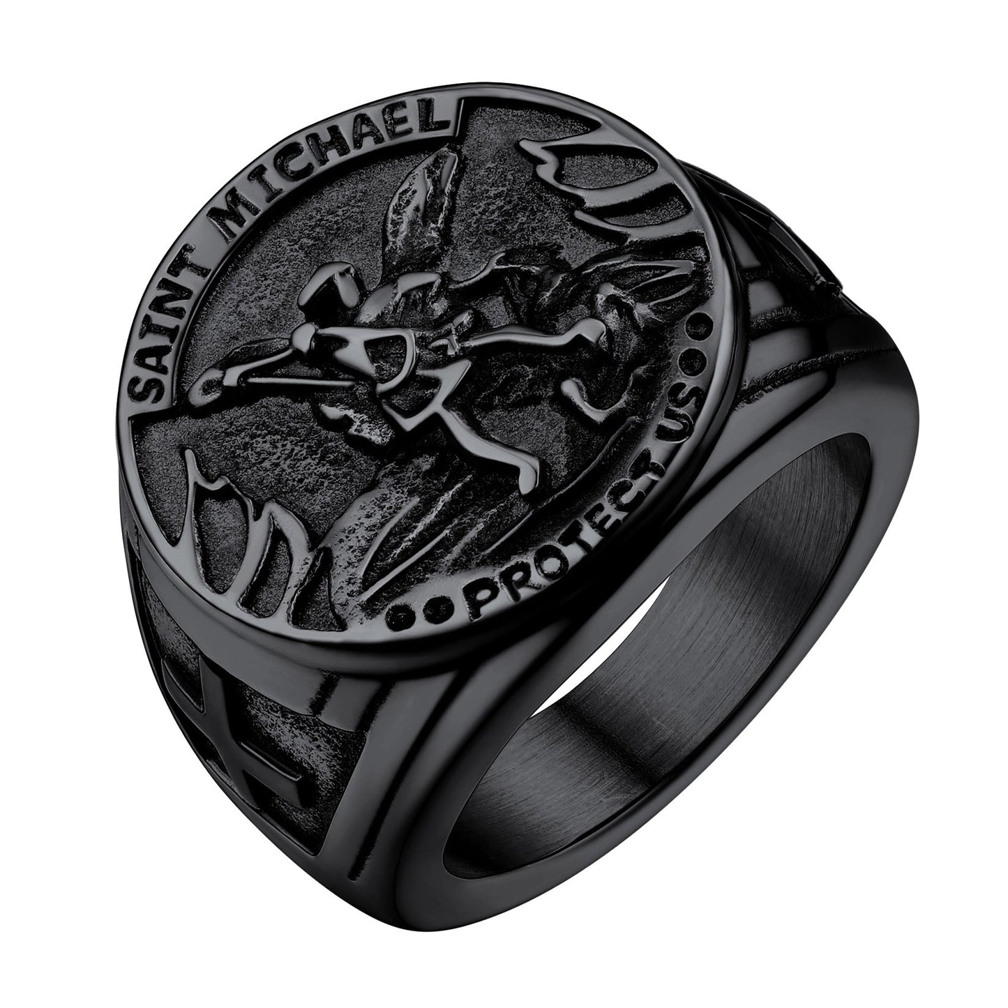 U7 Circle Signet Rings for Men Gold Color Stainless Steel Catholic Archangel Saint Michael Jewelry Unisex Cool Thumb Ring Black pink