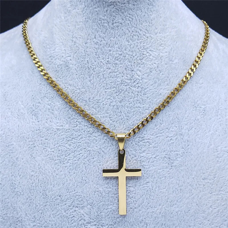 Christian Hip Hop Stainless Steel Jesus Cross Chain Necklace for Women Men Gold Color Statement Necklace Jewelry Collier Croix