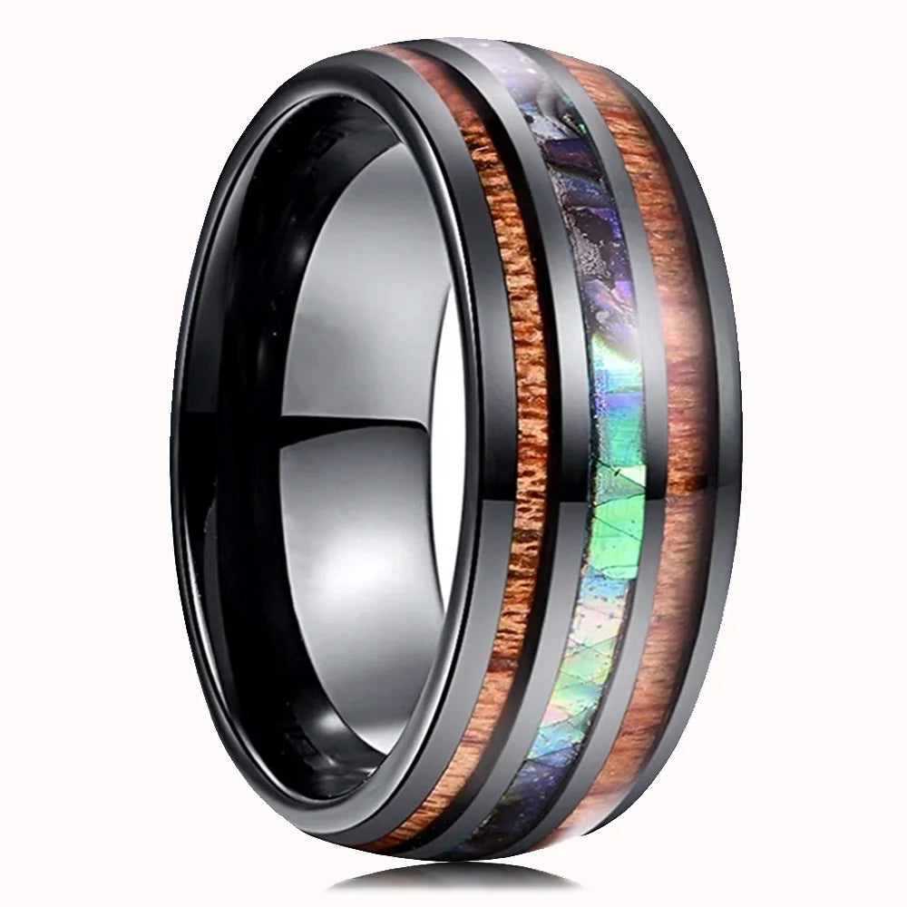 2025 Trendy 8mm Black Titanium Wedding Stainless Steel Rings For Men Inlay Colorful Abalone Shell Ring Men Wedding Band Jewelry
